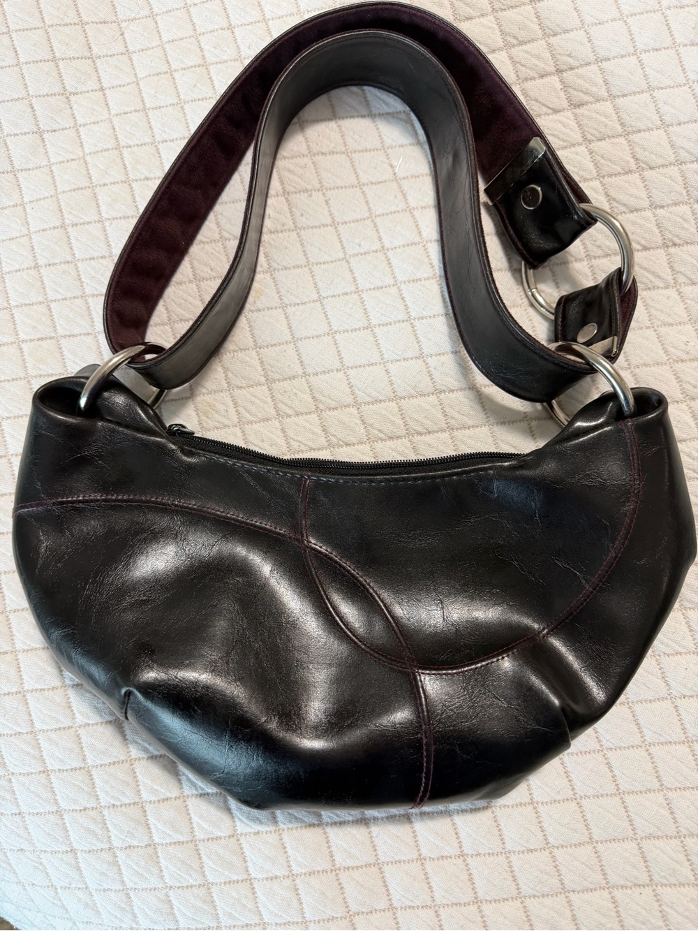 Crystalyn Kae Glazed Fabric Half-Moon Hobo Bag Made in USA Vegan Leather